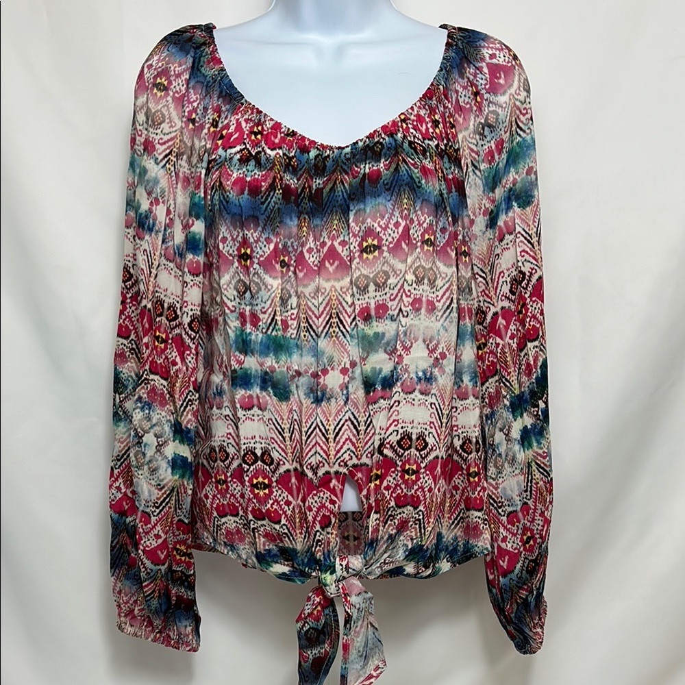 Karen Kane Women’s Size Large Petite Multicolored Crop Tie Front Designer Blouse